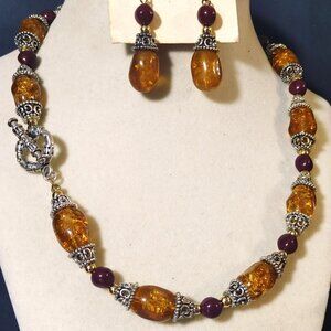 Amber Garnet Faux Colored Two Tone Bead Necklace Toggle Earrings Set 18 Inch
